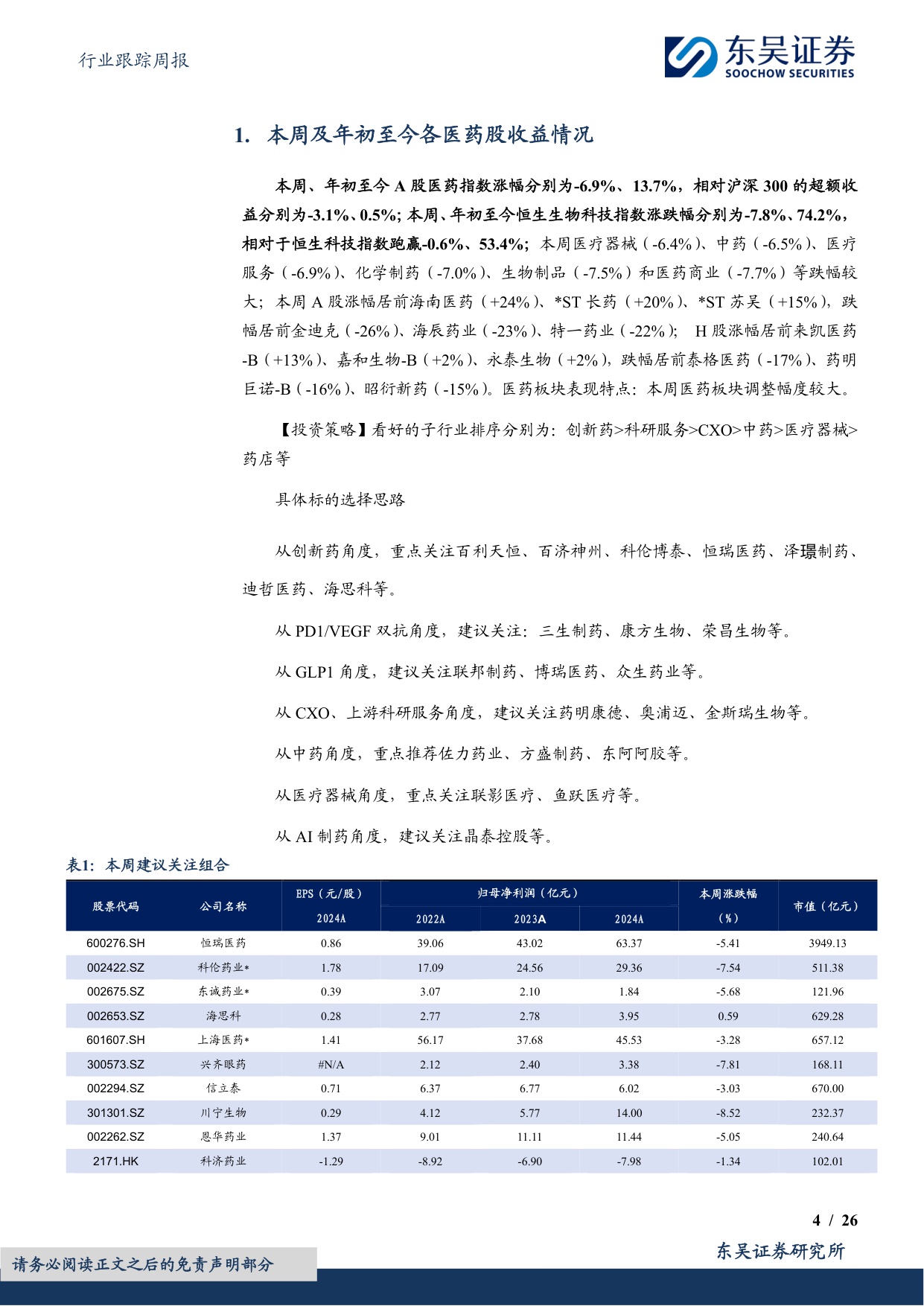 东吴证券-医药生物行业跟踪周报药店现金流稳健估值低重点推荐益丰药房大参林等.pdf
